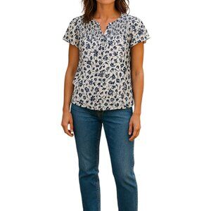 BY ANTHROPOLOGIE‎ Blue V-Neck Floral Cream Cotton Ruffle Sleeve Size M